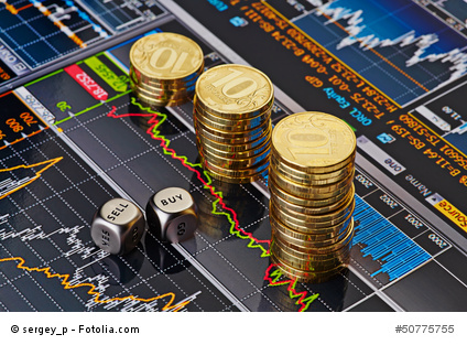Dices cubes with the words SELL BUY, Uptrend stacks of golden coins. Financial chart as background. Selective focus