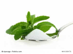 Fresh Stevia Rebaudiana and sugar in a spoon